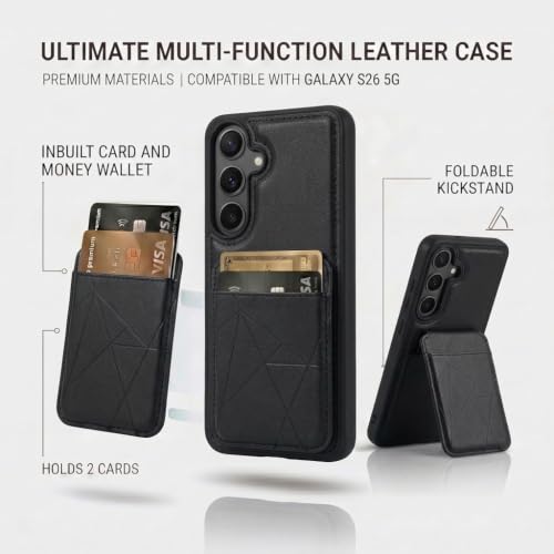 Image of amazon basics Premium Vegan Leather Back Cover with Card Holder and Integrated Mobile Stand for Samsung Galaxy S26 5G - Slim Shockproof Wallet Case with Geometric Stitching [Black]