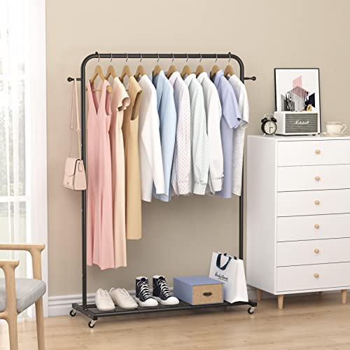 image for Sywhitta Clothing Rack on Wheels with Mesh Storage Shelf & Sturdy Meta