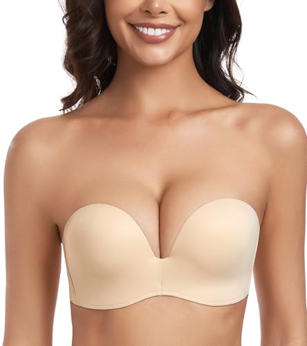 Image of Lemorosy Women's Wireless Push Up Plunge Bra (34B, Beige)