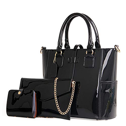 Bolsas femininas modernas de couro envernizado bolsas de ombro com alça superior 3 peças, Preto, One Size