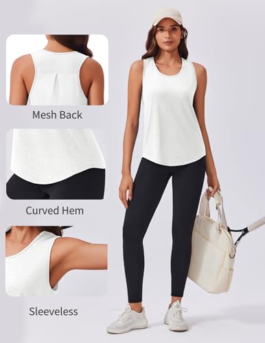 PINSPARK Damski sportowy tank top bez rękawów, oddychający top z siateczki, na siłownię, lekki top sportowy, luźny top do jogi, biały, M