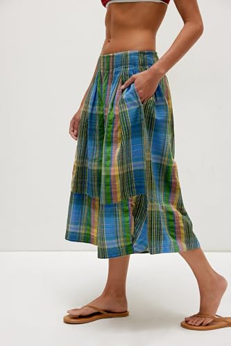 Summer Boho Wide Leg Culotte Pants for Women Casual Loose Elastic Waisted Palazzo Trousers Plaid Capris with Pockets2