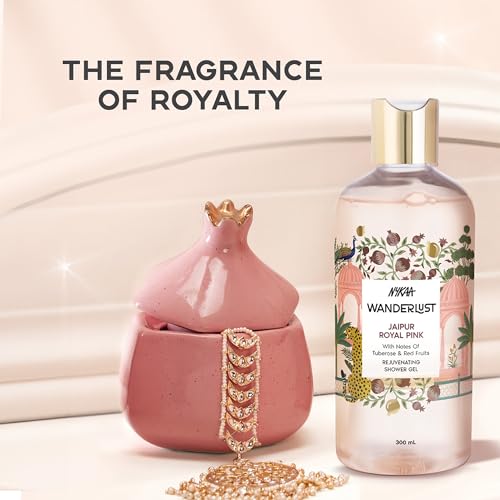 Image of Wanderlust Jaipur Royal Pink Shower Gel, 300 ml| Nourishes & Rejuvenates | Gentle Cleanser| Refreshing bodywash | Enriched With hydrating Glycerine | Paraben-Free, Vegan | Suitable for All Skin Types
