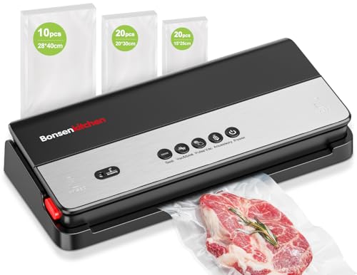 Bonsenkitchen Vacuum Sealer Machine High-Speed Continuous Working with Globefish Technology Built-in Cutter & Bag Storage Multi-Functional Food Sealer with 50 Pre-cut Bags and 1 Roll Bag (Black)
