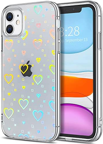 LOEV Heart Case for iPhone 11 Clear Holographic Heart Phone Case, Color Shifting Reflective Heart Pattern Laser Case Protective Shockproof Hard PC & Soft TPU Bumper Cover Women Girls, Rainbow Hearts