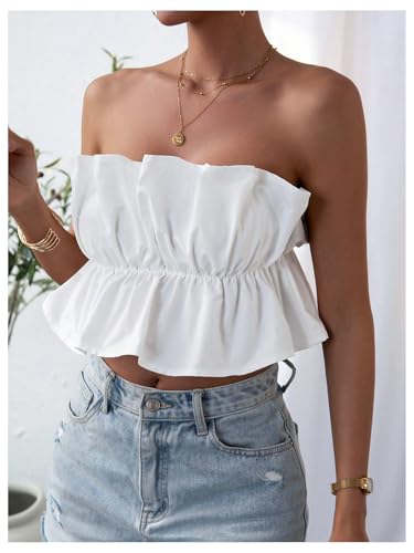 GORGLITTER Women's Strapless Bubble Tube Tops Ruffle Open Back Sleeveless Cute Summer Bandeau Peplum Crop Tops 20253