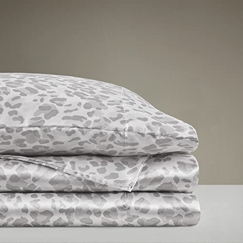 Image of Madison Park Essentials Satin Sheets Twin Size Bed Set, 3 Pcs, Gray Leopard | Luxury and Smooth Silky Bedding with Natural Sheen, All Around Elastic 14 inch Pocket fits up to 16 inch Mattress, Year-Round Cozy