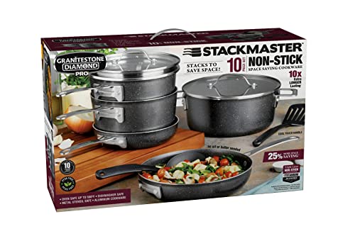 Exclusive Special Granitestone Pro Stackable Pots and Pans Set – Stackmaster, Complete 10 Piece Cookware Set with Ultra Nonstick Mineral & Diamond Coating, Space Saving Cookware, Oven and Dishwasher Safe 100% PFOA Free