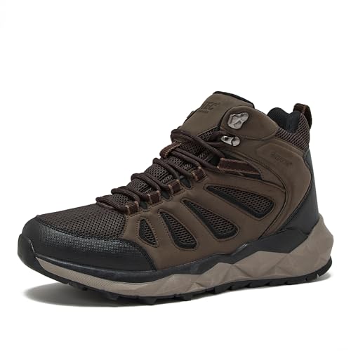 HI-TEC Valley Geo Mid Waterproof Hiking Boots for Men, Lightweight Breathable Outdoor Trekking and Trail Sneakers - Chocolate Brown/Forest Green, 9 Medium