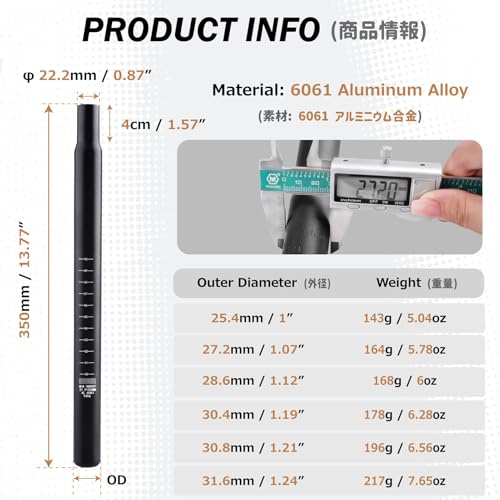 Image of Azarxis Bike Seatpost, 25.4mm 27.2mm 28.6mm 30.4mm 30.8mm 31.6mm x 350mm Bicycle Seat Post Aluminum Alloy Seat Tube MTB BMX Saddle Pole for Mountain Bike Road Bike Fixed Gear