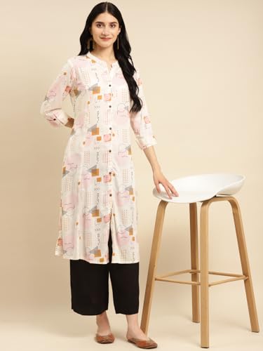 Image of rangita Off White Rayon Calf Length Printed A-line Kurti for Women | Kurta for Women