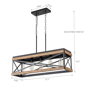 Rustic Farmhouse Wood Kitchen Island Lighting, 5 Lights Rectangular Pendant Light Fixture, Adjustable Chain Oak Wood and Metal Linear Chandelier for Dining Room Kitchen Island Farmhouse, Black Rustic Farmhouse Wood Kitchen Island Lighting 5 Lights Rectangular Pendant Light Fixture Adjustable Chain Oak Wood and Metal Linear Chandelier for Dining Room Kitchen Island Farmhouse Black