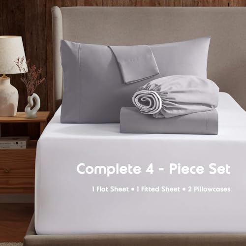Image of Nestl Full Bed Sheet Set - Grey Lavender - 4-Piece Deep Pocket | Instantly Soft, Night-One Ready (No Wash Required). Fits 16-Inch Deep Pockets, 360-Degree Elastic Grip