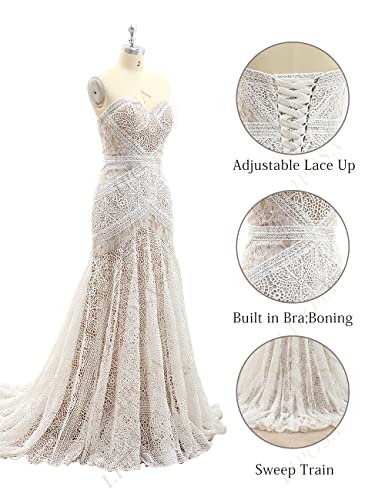 Women's Bohemian Wedding Dresses With Detachable Arm Bands Sweetheart Mermaid Lace Bridal Gown (10, Light Champagne-Corset Back) #TOP2