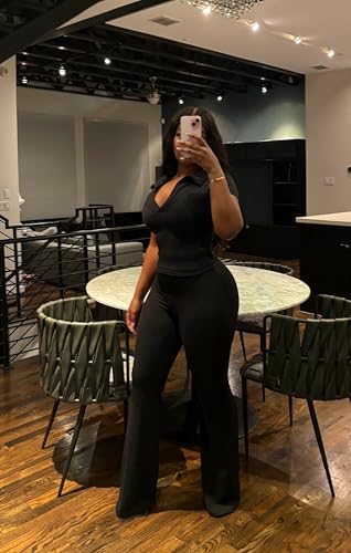 HBQ Women Two Piece Outfit Ribbed Short Sleeve V Neck Polo Top and Flare Pants Casual Lounge Sets Tracksuit2