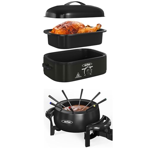 Image of Sunvivi 14-Quart Electric Roaster Oven with Self-Basting Lid And Electric Fondue Pot Set for Melting Chocolate Cheese,Turkey Roaster Oven with Removable Pan and Rack