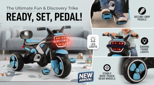 Image of SRECAP Kids Pedal Tricycle with Push Handle | Toddler Trike with Headlight, Music, EVA Wheels & Curved Seat with Backrest | 15 Months-3 Years (Blue)