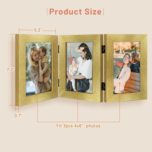 Golden State Art, 4x6 Three Picture Frame Trifold Hinged Photo Frame with 3 Openings, Desk Top Family Picture Collage, with Real Glass (4x6 Triple, Gold, 2-Pack)