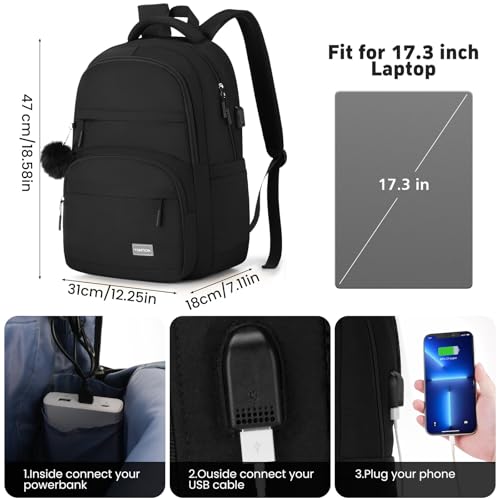 Image of YAMTION 17.3 Inch Black School Backpack for Women,High School Bookbag for Girls Middle School Bags for Kids with Charger Ports for College Work