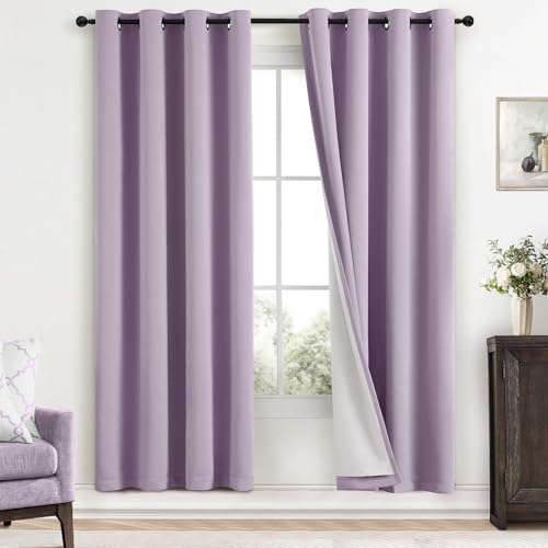 Yakamok Lilac 100% Blackout Curtains 72 Inches Long with 2 Thick Layers-Light Purple Room Darkening Thermal Insulated Window Curtain Set of 2 Panels for Bedroom Living Room 52x72 Inches,Lavender
