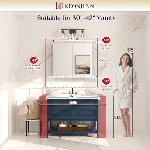 Keonjinn 30 x 26 Inch Bathroom Medicine Cabinet with Mirror, Assembly Required, Combined Double Doors Wall Cabinets, Flexiable Ample Storage, Recessed or Surface Mount, Soft Closing
