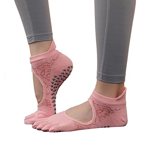 Calcetines de yoga para mujer, antideslizantes, con cinco dedos, para pilates, barre, marcial, artes físicas, danza, rosa, talla única Cover