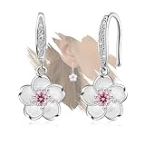 Pink Flower Earrings for Women 925 Sterling Silver Cherry Blossom Earrings Pink Crystal Flower Sakura Fish Hook Earrings Lightweight Elegant Christmas Wedding Holiday Floral Jewelry Gifts