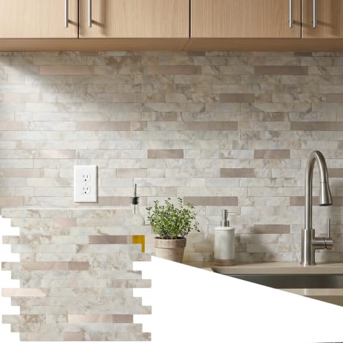 Yipscazo 2026 New Upgrade 11.34 X 11.57 Peel and Stick Backsplash Stick on Backsplash Tiles for Kitchen Bathroom Fireplace (10 Sheets Beige Rocks + Rose Gold)