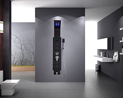 Led Shower Panel Tower System, Stainless Steel 5 In 1 Multi-Function Shower Panel With Rainfall And Waterfall Shower Head, Body Jets, Handheld Shower Head, Tub Spout,Black #TOP4