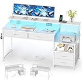 MUTUN 53" Computer Desk with Power Outlet and Storage Drawers, Reversible Office Desk, Bureau de Travail, Desks with Monitor Stand and Printer Stand, Bureau Ordinateur, White