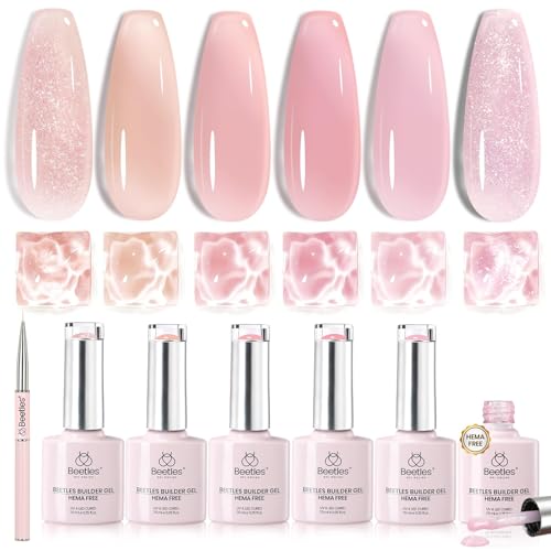 Beetles Builder Gel Nail Kit HEMA-FREE&TPO FREE-Muted Bloom 6 Colors Jelly Pink Glitter Building Gel 8 in 1 Strengthening Building Instant Apex & Extension for Beginner DIY Salon UV LED Lamp Need