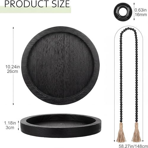 5 Pcs Rustic Tabletop Centerpieces Decor Set of 3 Boho Ceramic Vases with Wooden Serving Tray Wood Bead Garland Tassels Table Holder for Home Decorations (Black) - Image 4