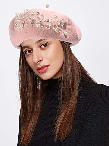 Boderier Womens Beret Hat Pearl Rhinestone Wool Winter Warm Beanies Hat French Artist Hats With Hair Clip Inside thumb #1