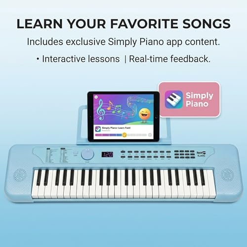 RockJam 49 Key Keyboard Piano, Portable Electronic Music Keyboard with Speakers, USB-C Power or Battery Operation, Headphone Input, 200 Tones, 200 Rhythms, Note Stickers & Lessons