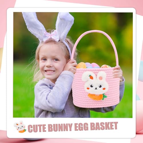 Image of DIYASY Easter Basket for Kids, Woven Bunny Eggs Basket with Handle Gifts Tote Bag Candies Buckets for Boys Girls Toddler Baby Party Decorations Pink