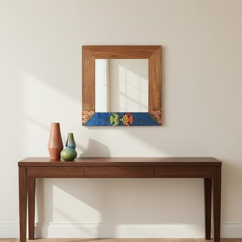 Image of AAKRITI ART CREATIONS Nemo Rosewood Mirror with Fish Motifs (18x18)