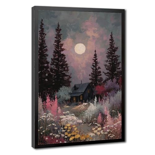 Moonlit Cabin Wildflower Wall Art Canvas Print, Impasto Night Landscape