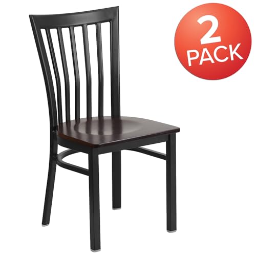 Image of Flash Furniture 2 Pack HERCULES Series Black School House Back Metal Restaurant Chair - Walnut Wood Seat