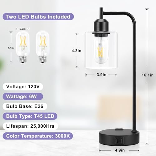 Innqoo 3-1 Industrial Touch Table Lamps For Bedrooms Set Of 2 - 3-Way Dimmable Nightstand Lamps With Usb C+A Ports And Outlet, Black Bedside Lamps With Glass Shade For Living Room, Desk Lamps thumb #3