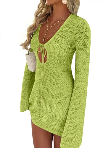 Image of ANRABESS Women's Crochet Swimsuit Cover Up, V Neck Mesh Knit Beach Dress, Long Sleeve Summer Vacation Beachwear