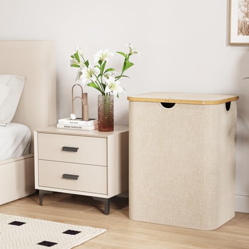 Lifewit 2-Fächer Wäschekorb mit Deckel, 120L großer faltbarer Wäschekorb mit Bambusgriffen und abnehmbarem Wäschesack für Schlafzimmer, Badezimmer und Haushalt, Beige