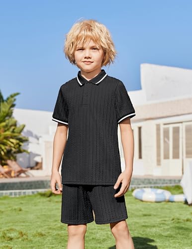 Image of Arshiner Boys 2 Piece Outfits Button Polo Shirt & Elastic Shorts 4-13 Years