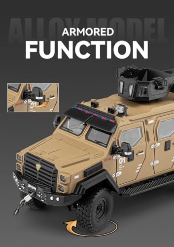 Image of Enterprise 1:24 Armored Police Car Diecast Model - Tooth Tiger Explosion-Proof Pull Back Metal Toy with Lights, Sounds & 4 Opening Doors - Collectible Vehicle for Kids & Display (Brown)