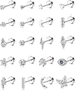 ADRAMATA 20Pcs Stainless Steel Stud Earrings for Women Men 20G Tiny Cartilage Stud Earrings Small Snake Star Moon Ball Butterfly Heart Eye Flower Screwback Flat Back Stud Earrings