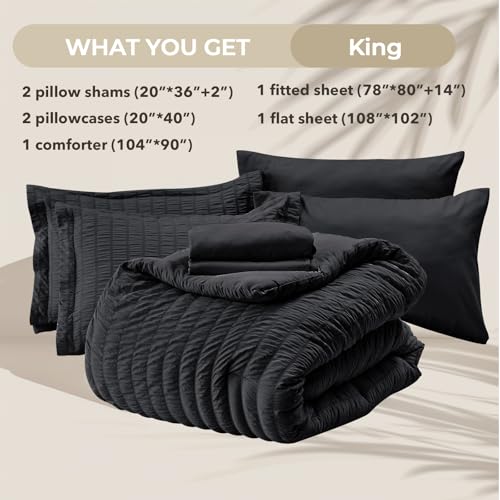 Image of HYMOKEGE Black King Size Comforter Set Seersucker 7 Pieces, All Season Luxury Bed in a Bag for Bedroom, Bedding Set with Comforters, Sheets, Pillowcases & Shams