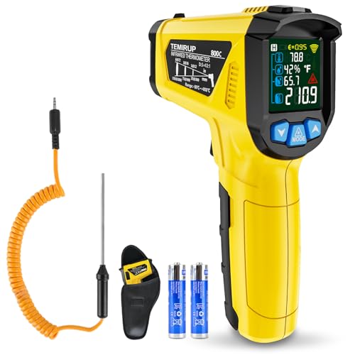 Infrared Thermometer Gun, TEMIRUP Non Contact Digital Laser Temperature Gun with K-Probe for Industrial, Cooking, Griddle,Engine, HVAC, Humidity,Adjustable Emissivity -58°F to 1472°F(-50~800°C)