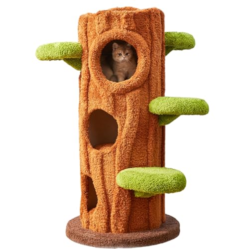 Muadress(ムアドレス) キャットタワー 猫タワー 突っ張り スリム 猫 木製 無垢材 展望台 隠れ家 多頭飼い 安定 猫ハウス 爪とぎポール 丸角デザイン 木登り 据え置き お手入れ簡単 おしゃれ 省スペース 運動不足解消 ストレス発散 ふわふわ