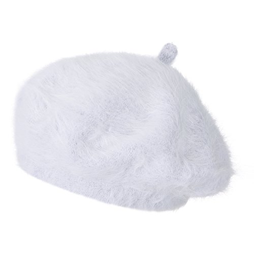 ililily Solid Color Angora French Beret Furry Artist Flat Winter Hat, Light Grey with Tab