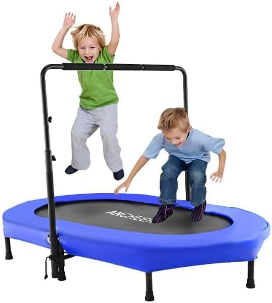 ANCHEER 56" Double Mini Trampoline for Kids, Mini Rebounder with 5-Level Adjustable Handle, Parent-Child Trampoline for Kids, Max Load 220lbs, Fun for Indoor/Outdoor Training Blue