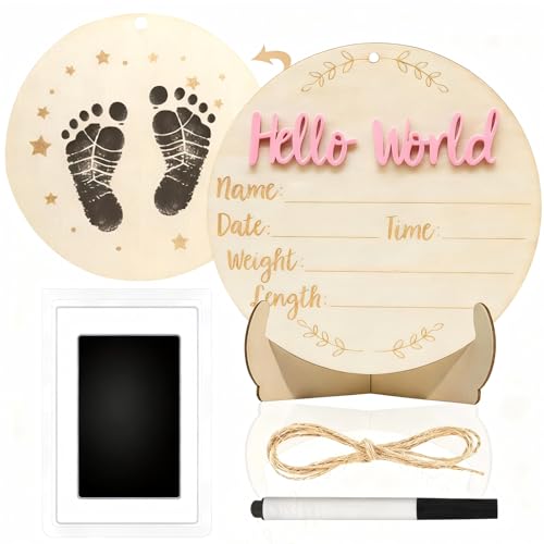 Image of Baby Announcement Sign, 5.9 Inch Round Wooden Hello World Newborn Signs, Birth Announcement Sign: Equipped with Ink Pad Can Baby Handprints and Footprints for Photo Prop Hospital Nursery Gift (Pink)